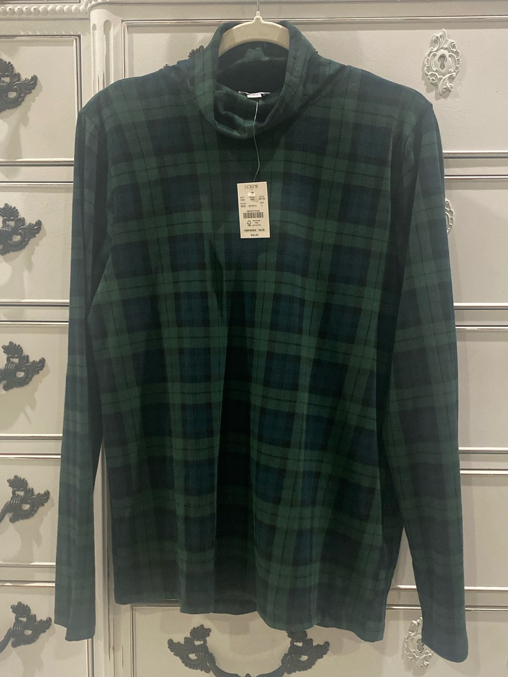 J. Crew Women’s Green and Navy Plaid Turtleneck Shirt Size Large